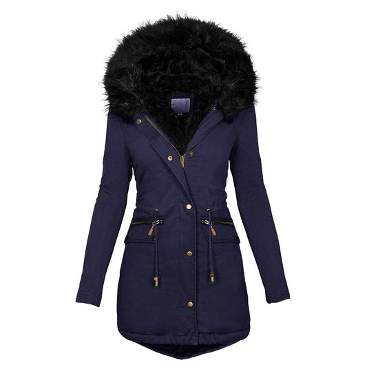 Women’s Plush Hooded Parka Winter Warm Thick Zip-up Jacket with Pockets