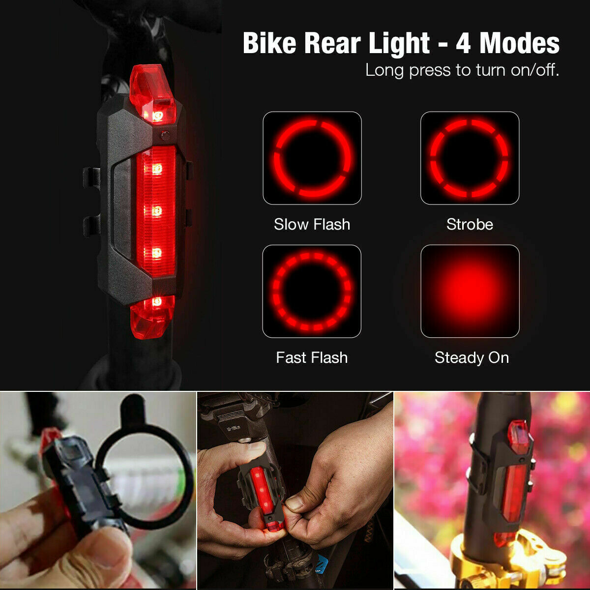 USB Rechargeable LED Bike Light – Front & Rear Cycling Lamp, Rainproof, 3 Modes, Aluminum Alloy, Night Safety, USB Rechargeable