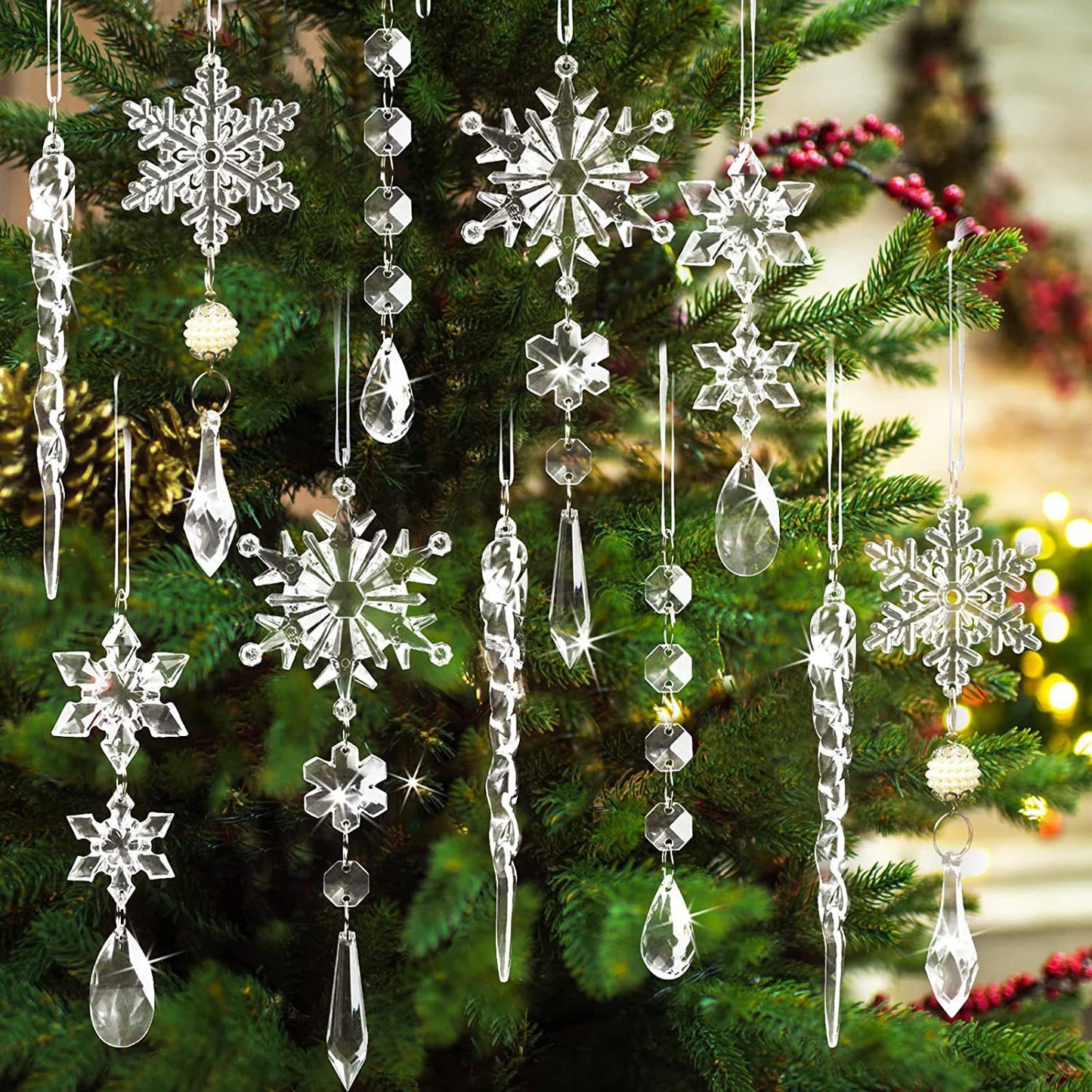 10pcs Christmas Tree Hanging Pendants – Acrylic Ice Strip Snow Ornaments for Ceiling, Xmas & New Year Home Decor