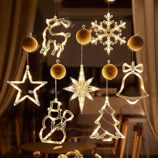 Christmas LED Suction Cup Chandelier – Santa, Elk & Snowman Window Lights, Battery-Powered Holiday Party Decor