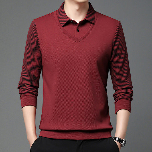 Business Casual Men's Clothing Fake Two-piece Striped Sleeve T-shirt