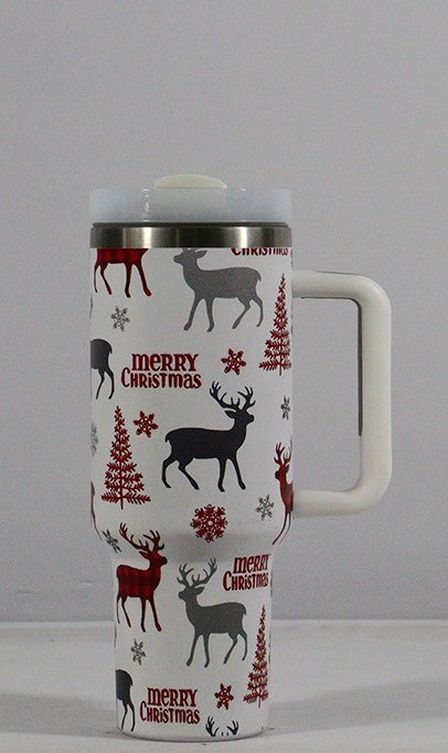 Christmas Pattern Stainless Steel Vacuum Tumbler – Large Capacity Travel Mug with Handle, Lid & Straw for Coffee & Drinks