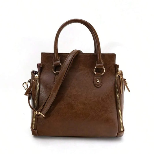 Women’s Vintage Tote Bag, Large Capacity Handbag with Multiple Pockets, Detachable Shoulder Strap and Wristlet, Snap Closure, Glossy Fashion Design