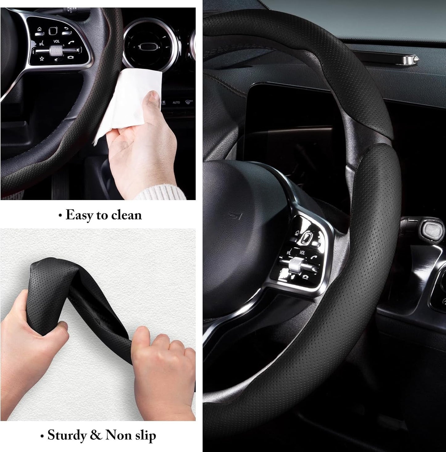 Car Steering Wheel Cover, Leather Snap-On 3-Piece Set, Anti-Slip Grip, Universal Fit, Black and Gray