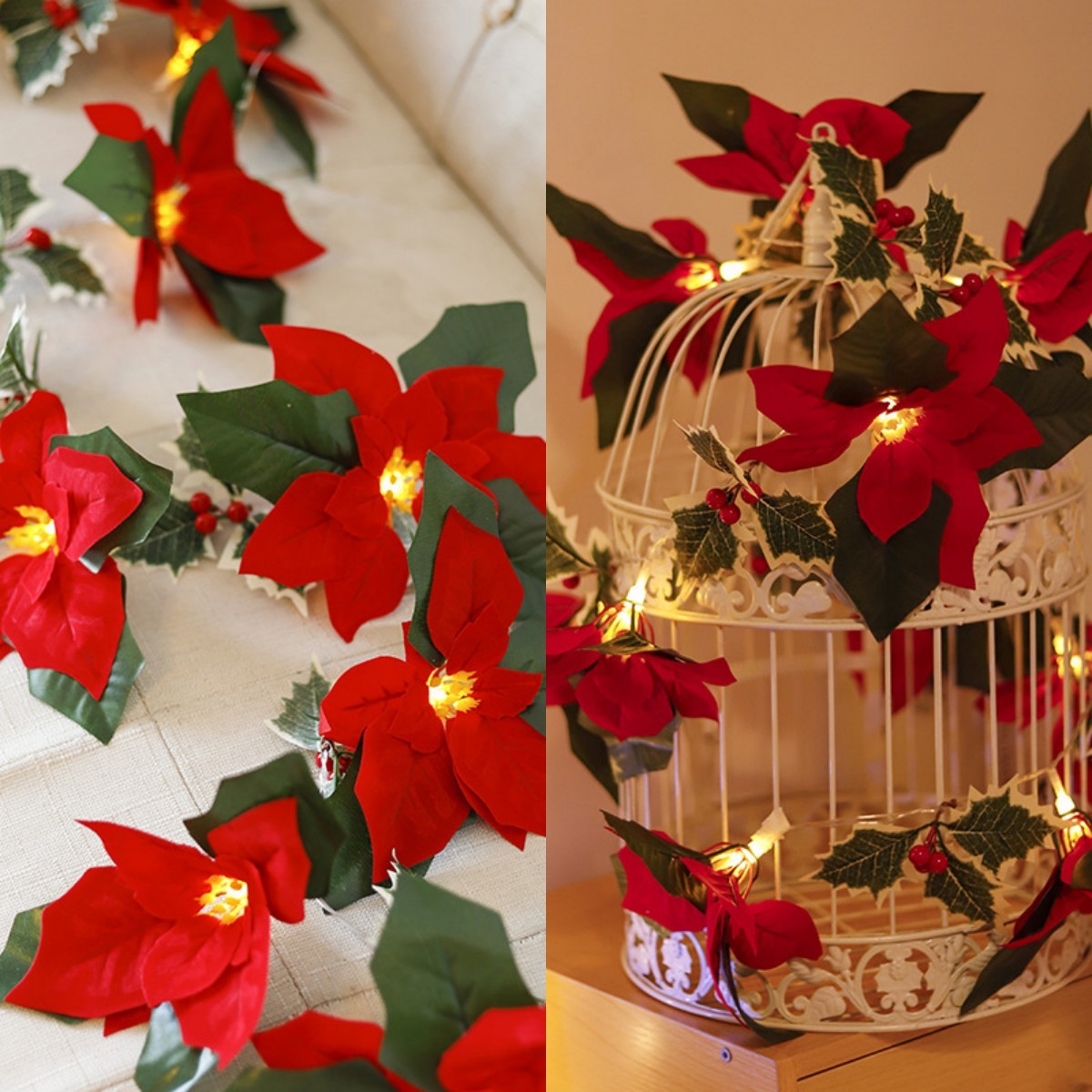 LED Christmas Lights with Red Flowers & Red Fruits – First Grade Holiday Home Decor
