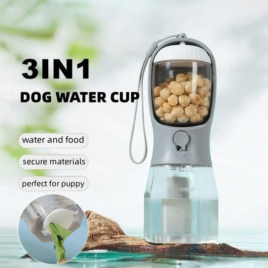 3-in-1 Dog Water Bottle – Portable Pet Cup with Food & Waste Bag Dispenser