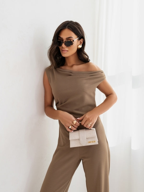 Women’s Elegant Jumpsuit, Off Shoulder Sleeveless Romper, Straight Leg Long Pants, Business Casual Outfit with Side Zipper