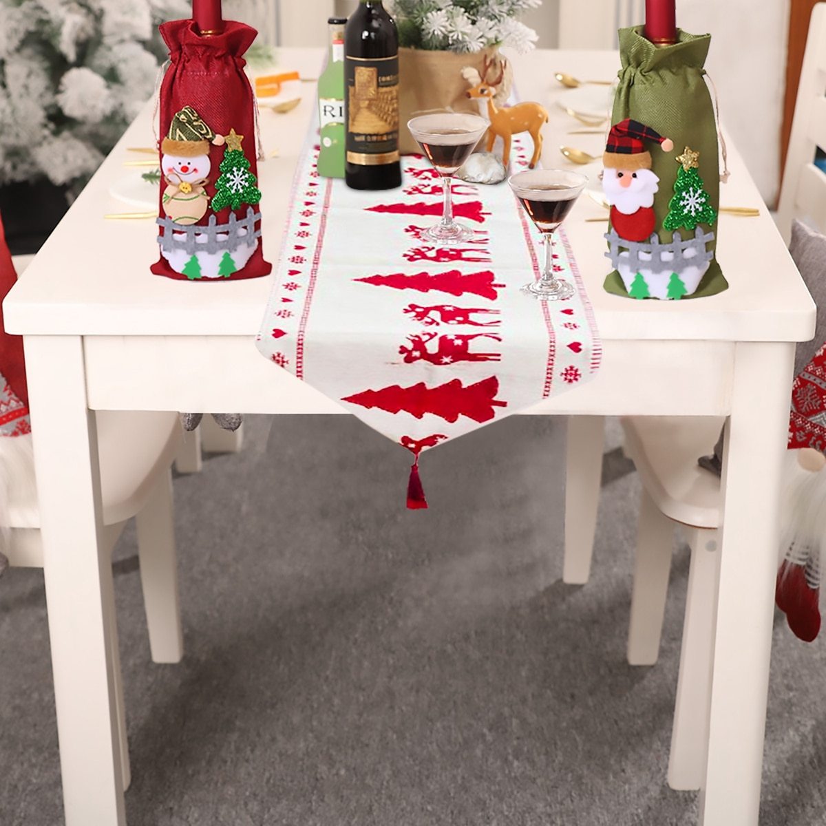 Christmas Elk & Snowman Table Runner – Merry Christmas Holiday Table Decor for Home, Dining Room & Festive Parties