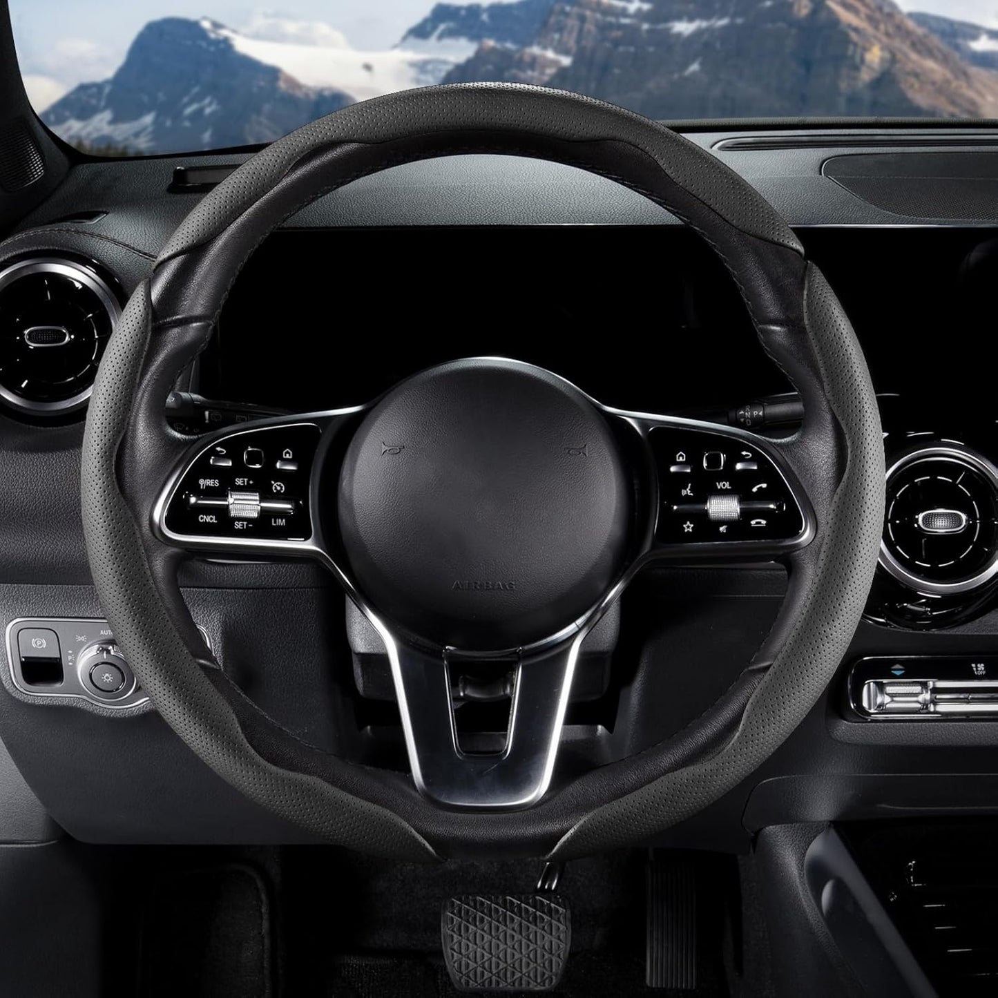 Car Steering Wheel Cover, Leather Snap-On 3-Piece Set, Anti-Slip Grip, Universal Fit, Black and Gray