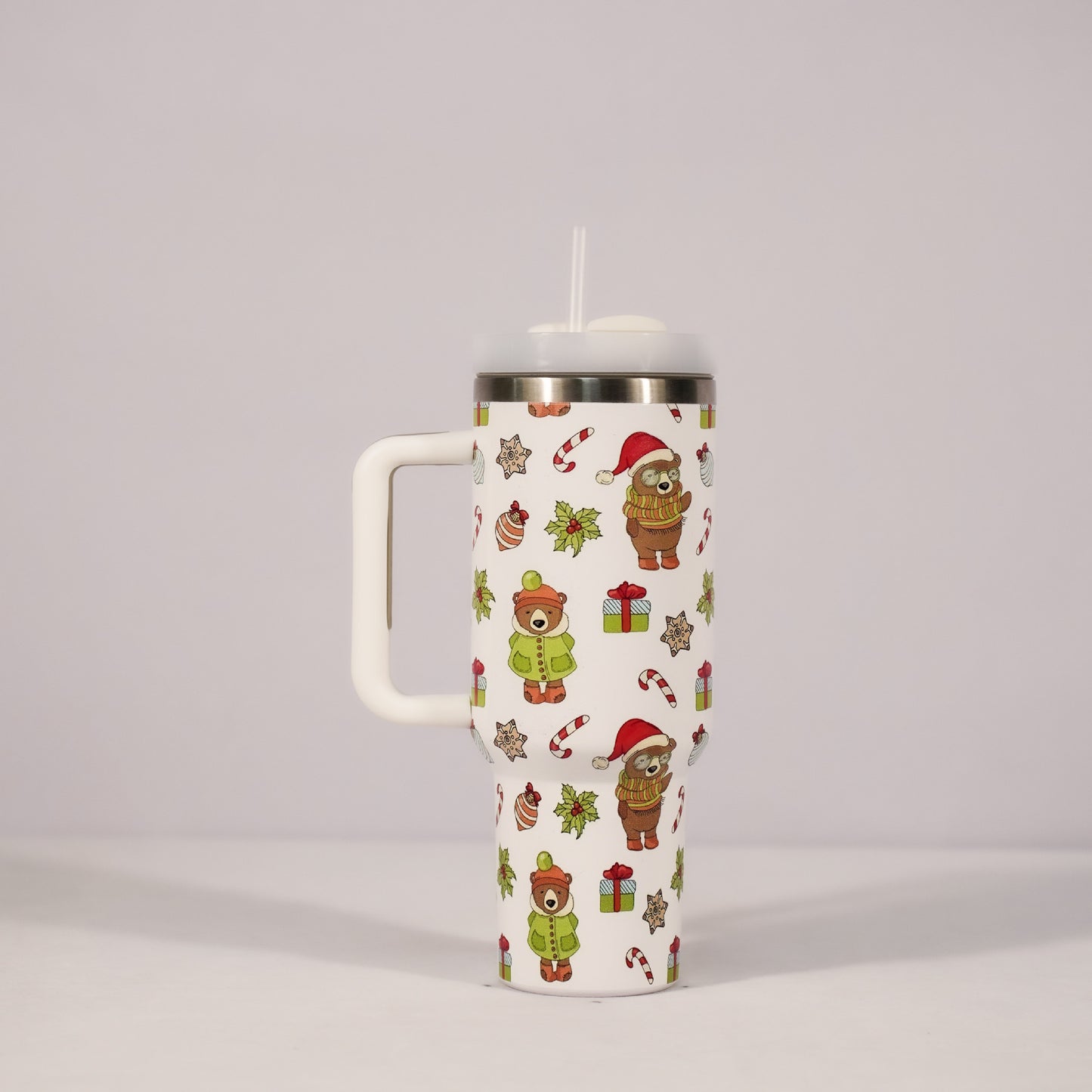 Christmas Pattern Stainless Steel Vacuum Tumbler – Large Capacity Travel Mug with Handle, Lid & Straw for Coffee & Drinks