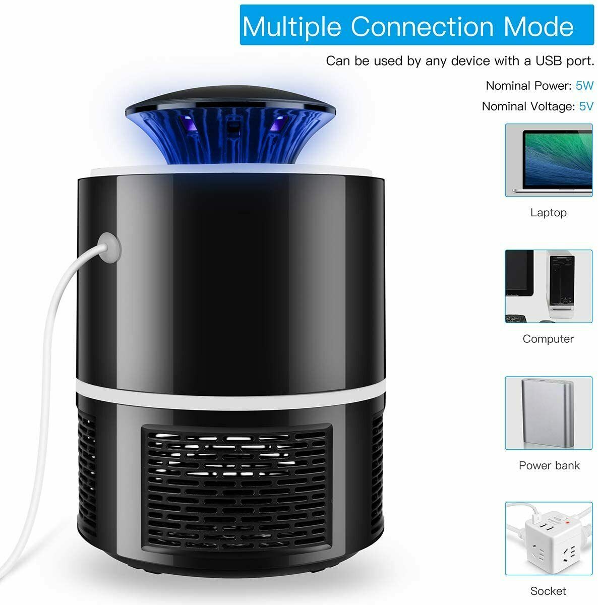 Electric UV Mosquito Killer Lamp, Indoor & Outdoor Insect Zapper Trap, USB Powered Bug Zapper for Flies, Mosquitoes, and Other Flying Insects