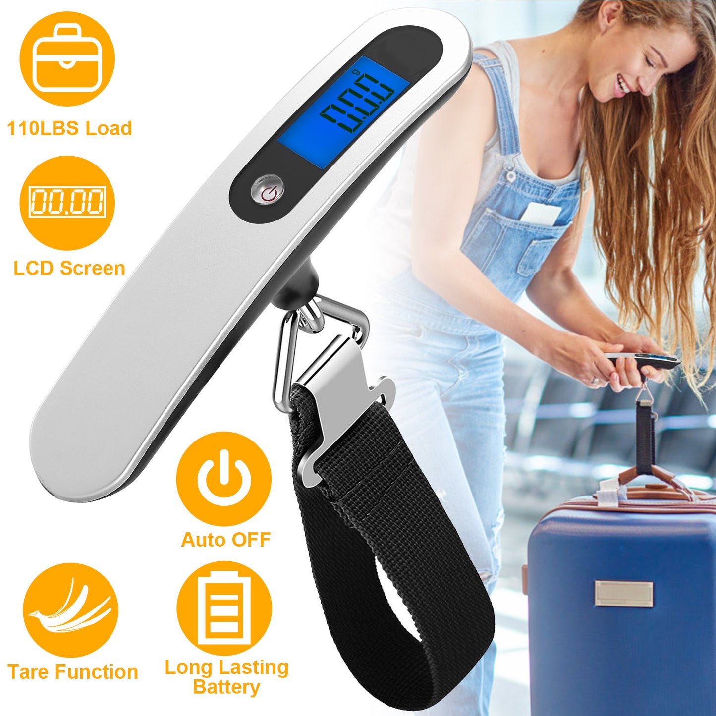 Portable Digital Luggage Scale 50kg/110lb – LCD Hanging Travel Scale with T-Shape Handle, Accurate 10g, Auto-Off, Lightweight Silver