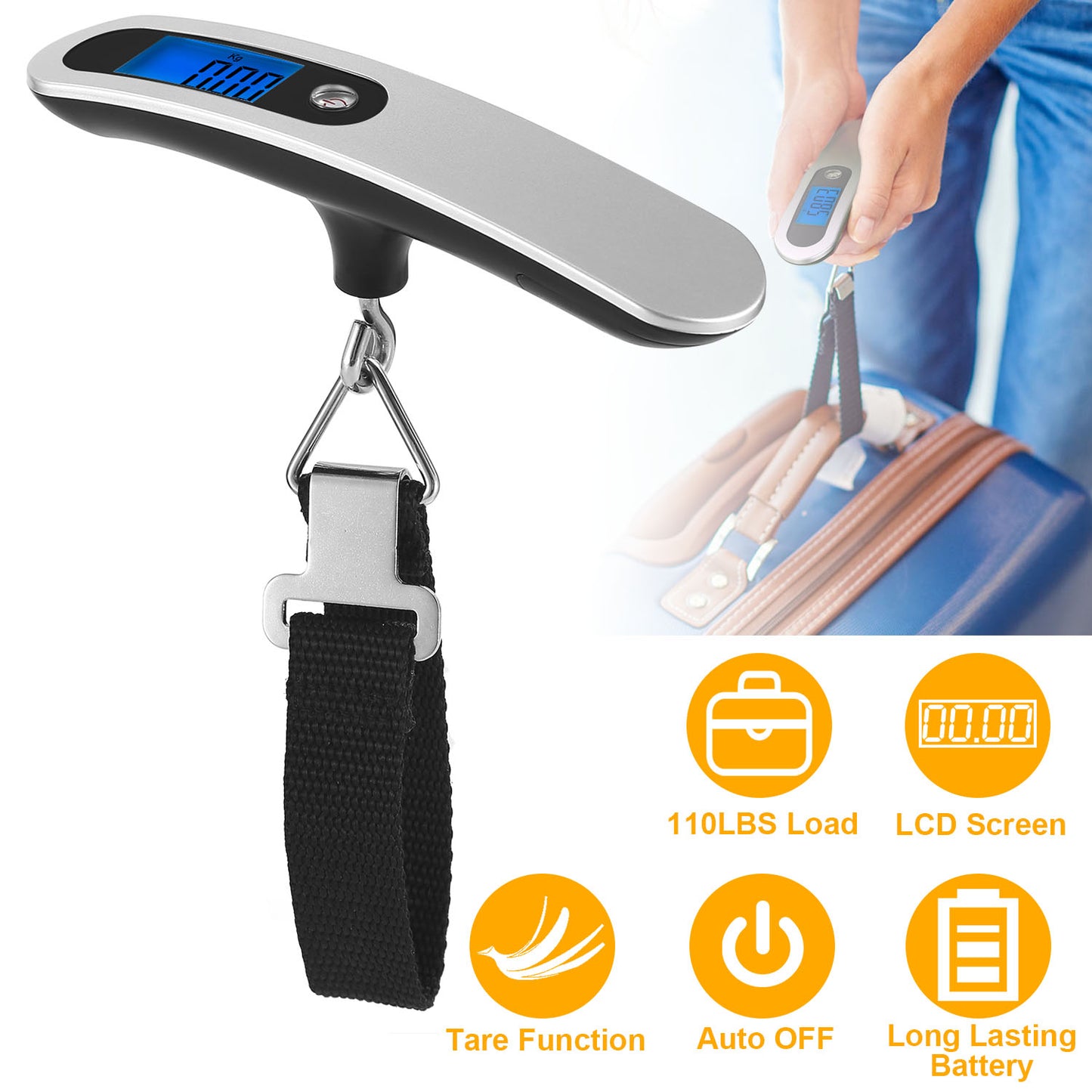 Portable Digital Luggage Scale 50kg/110lb – LCD Hanging Travel Scale with T-Shape Handle, Accurate 10g, Auto-Off, Lightweight Silver