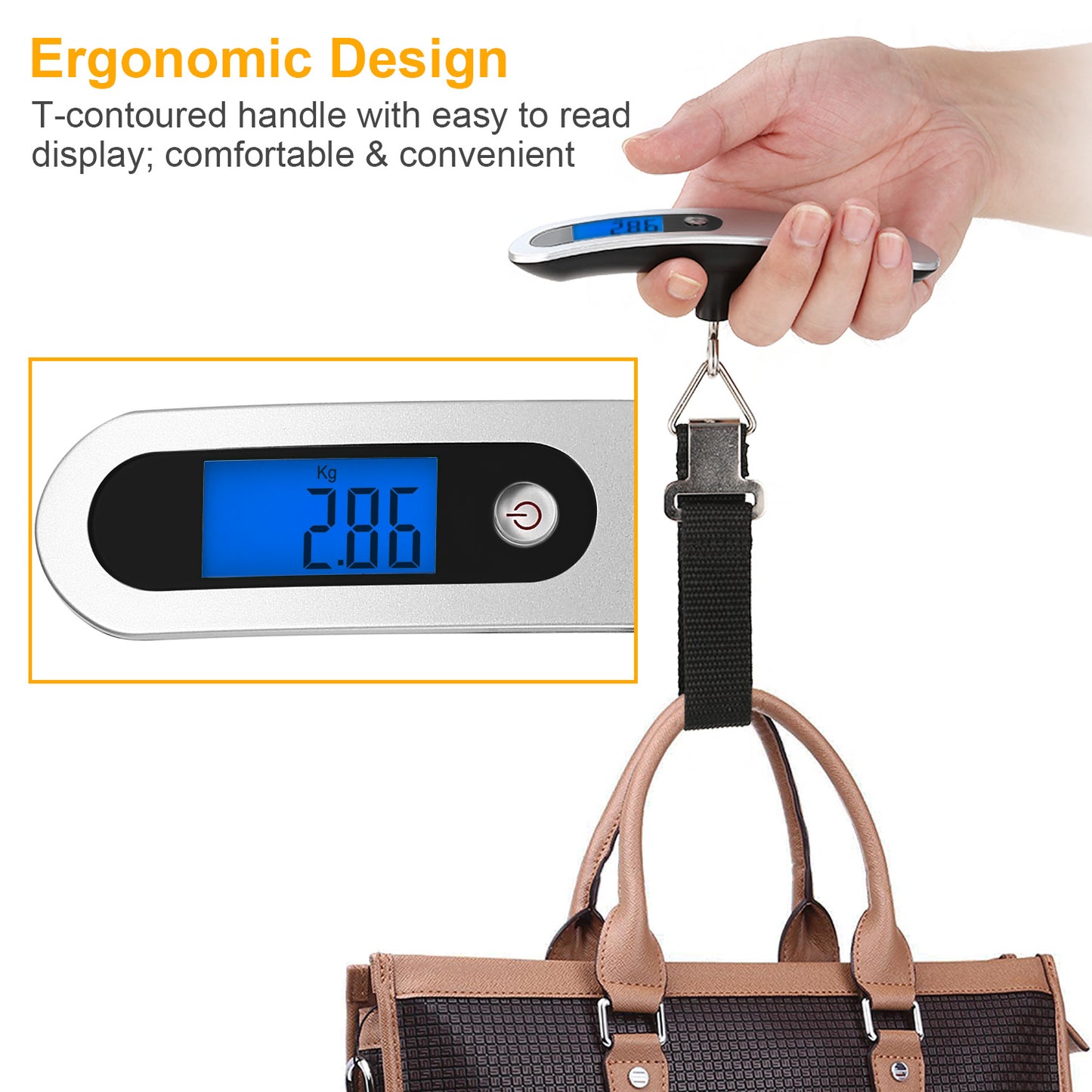 Portable Digital Luggage Scale 50kg/110lb – LCD Hanging Travel Scale with T-Shape Handle, Accurate 10g, Auto-Off, Lightweight Silver