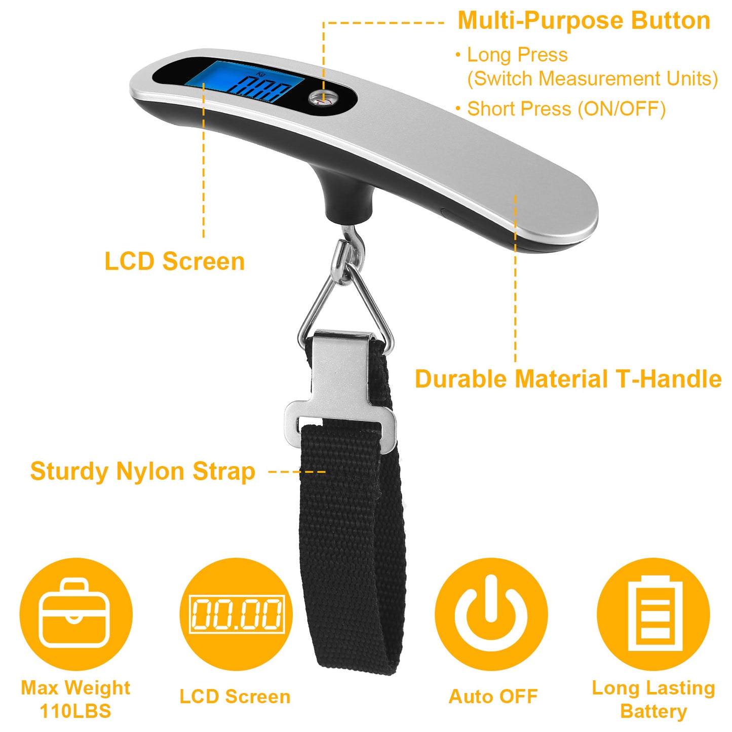 Portable Digital Luggage Scale 50kg/110lb – LCD Hanging Travel Scale with T-Shape Handle, Accurate 10g, Auto-Off, Lightweight Silver