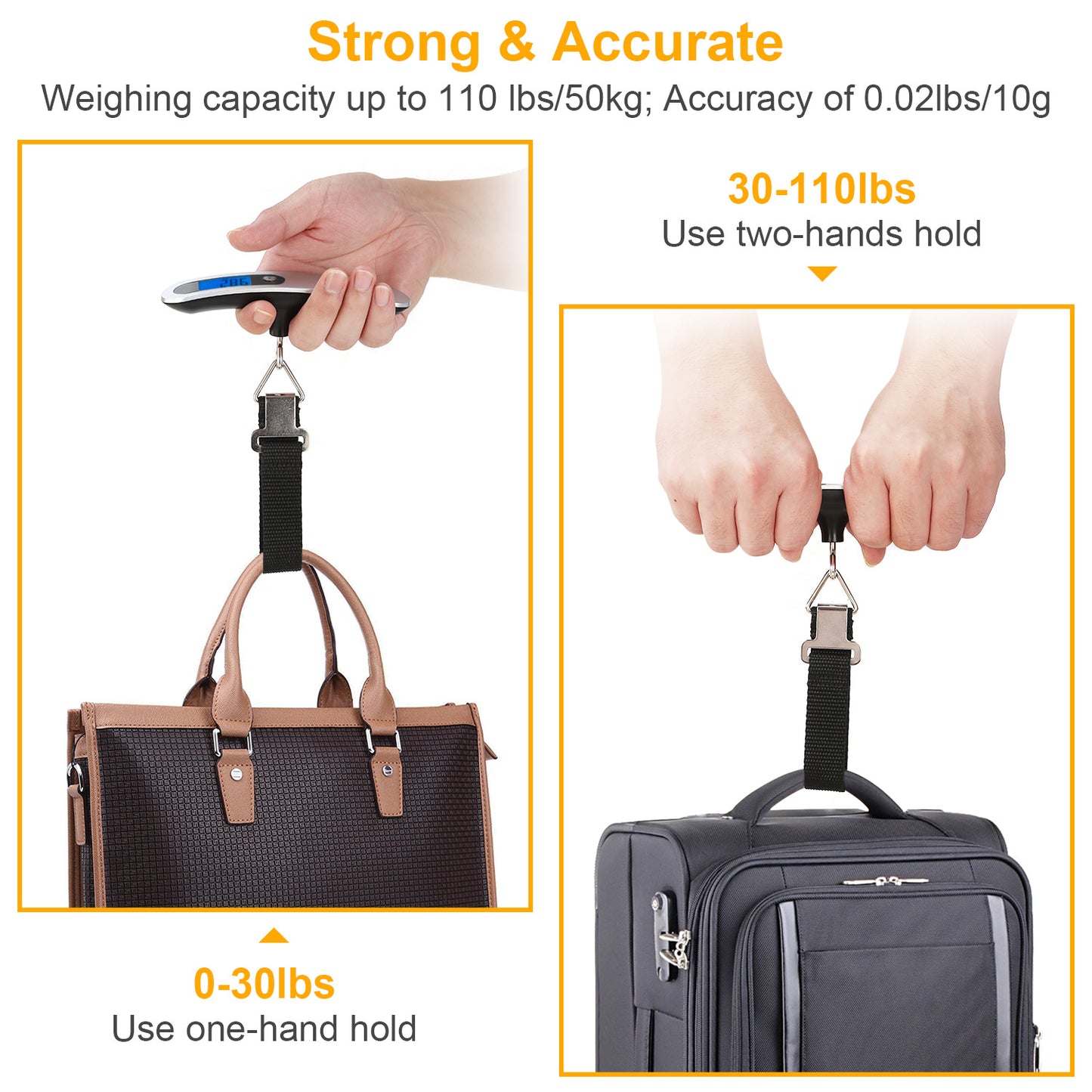 Portable Digital Luggage Scale 50kg/110lb – LCD Hanging Travel Scale with T-Shape Handle, Accurate 10g, Auto-Off, Lightweight Silver