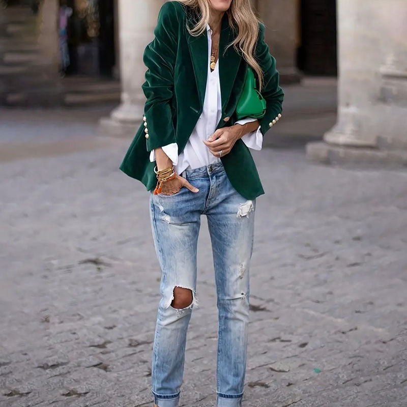 Women’s Velvet Lapel Slim Casual Business Suit Jacket – Single-Breasted Blazer