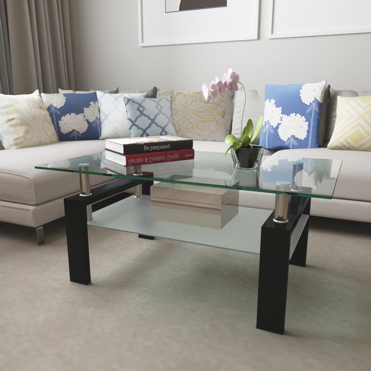Rectangle Black Glass Coffee Table – Modern Side & Center Table for Living Room