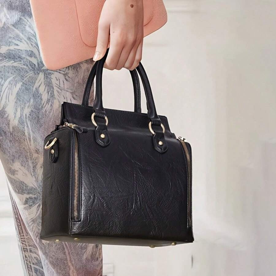 Women’s Vintage Tote Bag, Large Capacity Handbag with Multiple Pockets, Detachable Shoulder Strap and Wristlet, Snap Closure, Glossy Fashion Design