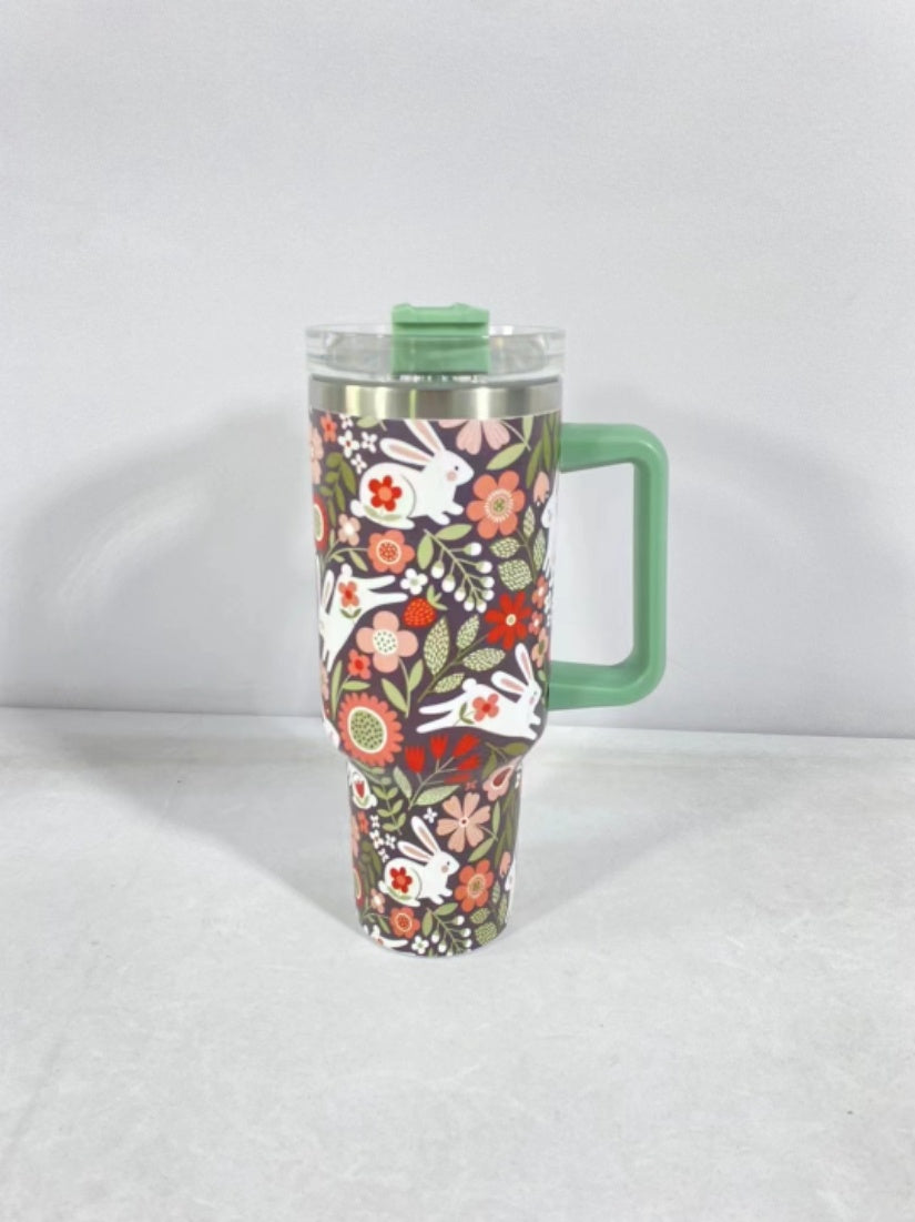 Christmas Pattern Stainless Steel Vacuum Tumbler – Large Capacity Travel Mug with Handle, Lid & Straw for Coffee & Drinks