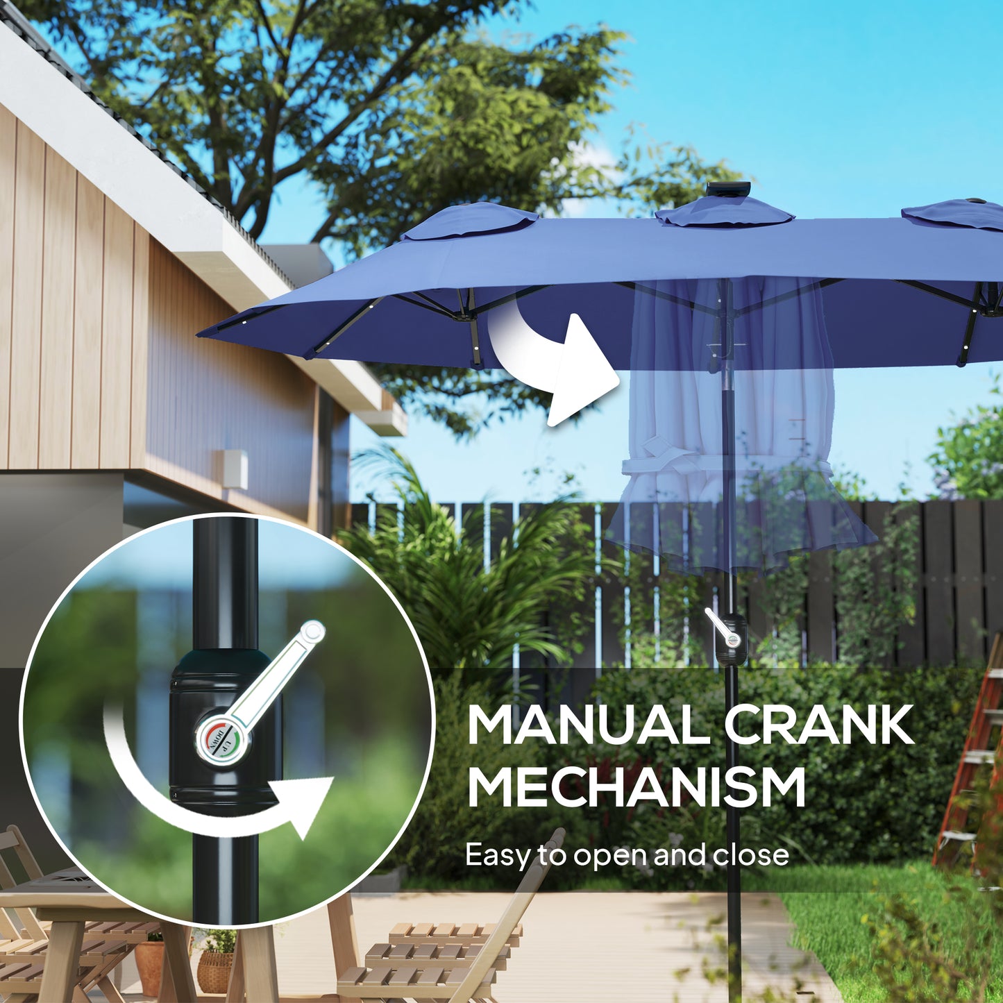 Large 9.7FT Double-Sided Patio Umbrella with Tilt, Crank Lift, 36 Solar LED Lights, 12-Rib Outdoor Umbrella for Garden, Deck, Navy Blue