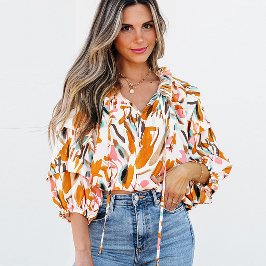 Women’s Colorblock Chiffon Blouse, V-Neck Long Sleeve Shirt, Lightweight Printed Top, Elegant Casual Fashion for Work & Daily Wear