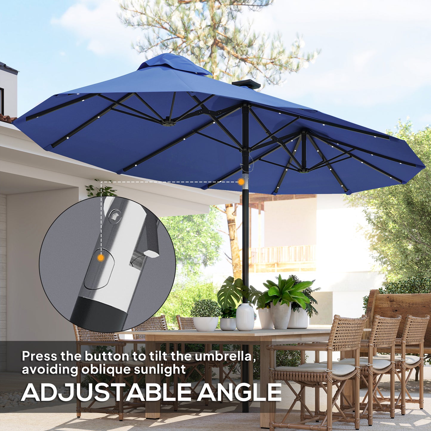 Large 9.7FT Double-Sided Patio Umbrella with Tilt, Crank Lift, 36 Solar LED Lights, 12-Rib Outdoor Umbrella for Garden, Deck, Navy Blue