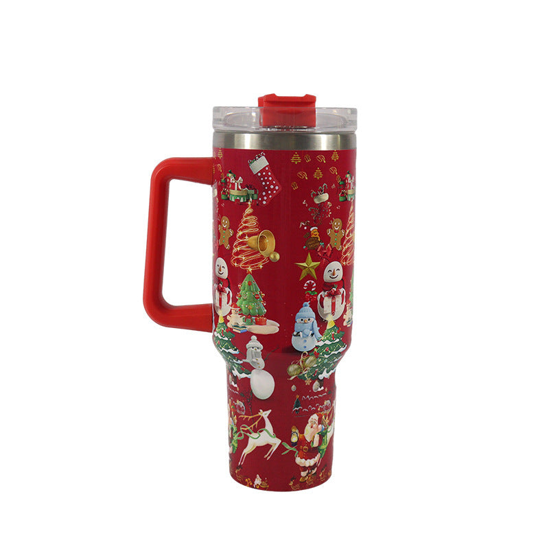 Christmas Pattern Stainless Steel Vacuum Tumbler – Large Capacity Travel Mug with Handle, Lid & Straw for Coffee & Drinks