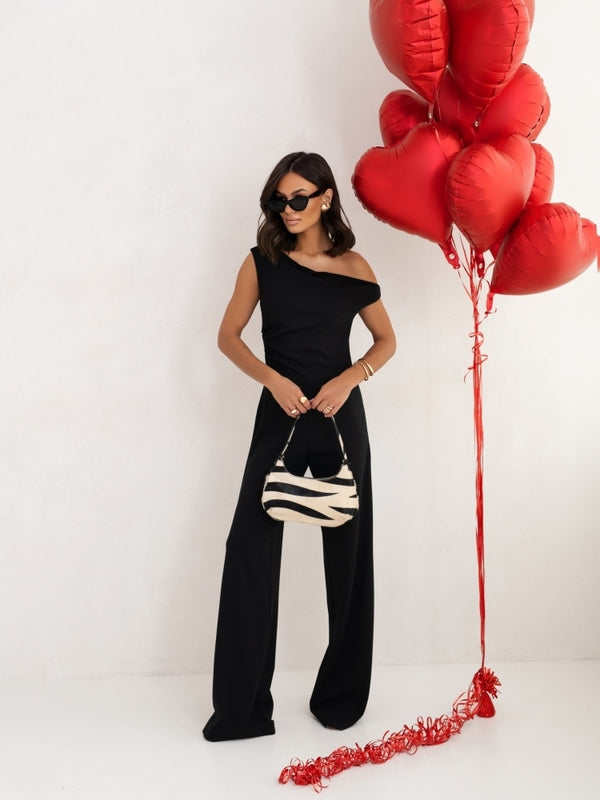 Women’s Elegant Jumpsuit, Off Shoulder Sleeveless Romper, Straight Leg Long Pants, Business Casual Outfit with Side Zipper