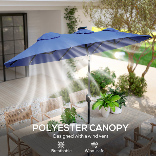 Large 9.7FT Double-Sided Patio Umbrella with Tilt, Crank Lift, 36 Solar LED Lights, 12-Rib Outdoor Umbrella for Garden, Deck, Navy Blue