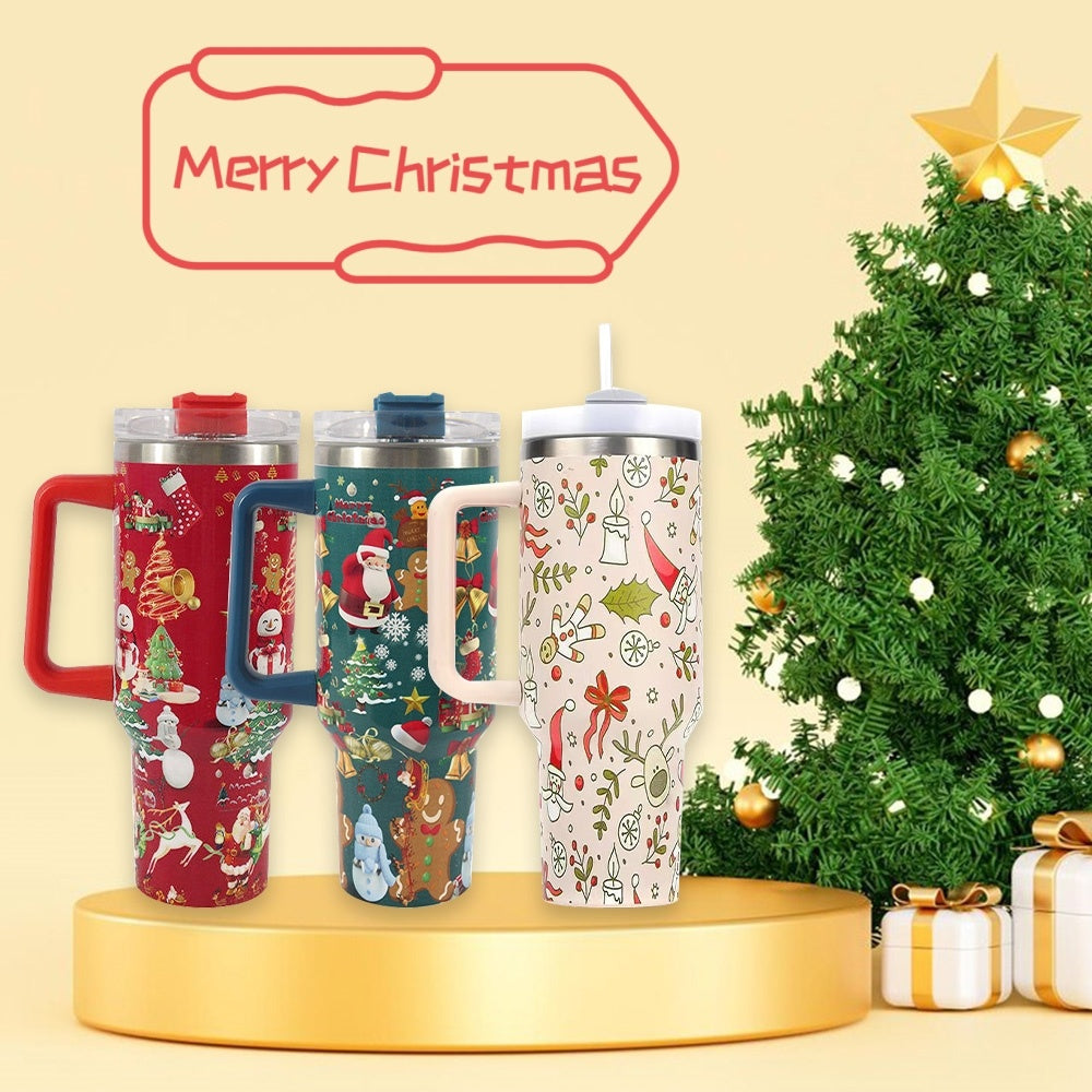 Christmas Pattern Stainless Steel Vacuum Tumbler – Large Capacity Travel Mug with Handle, Lid & Straw for Coffee & Drinks