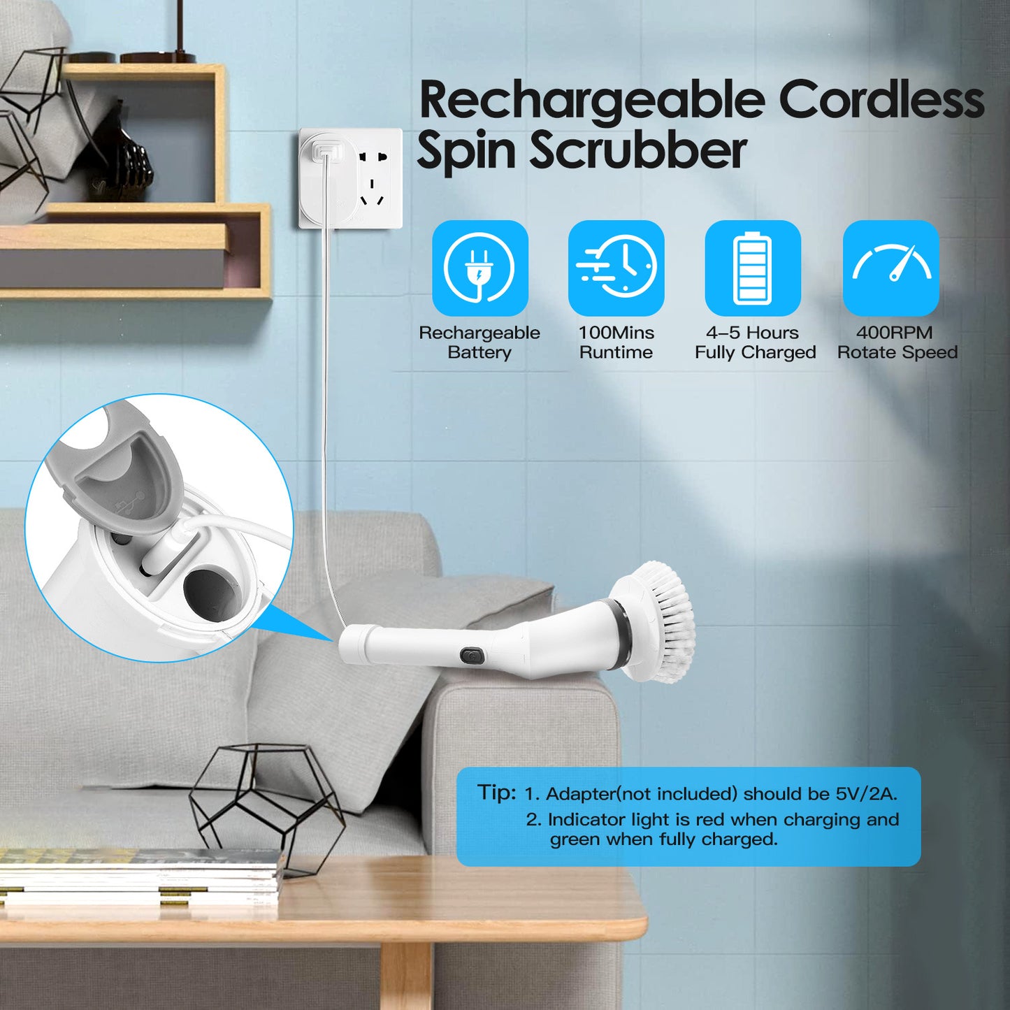 Cordless Electric Spin Scrubber with 6 Brush Heads & 2-Speed Extension