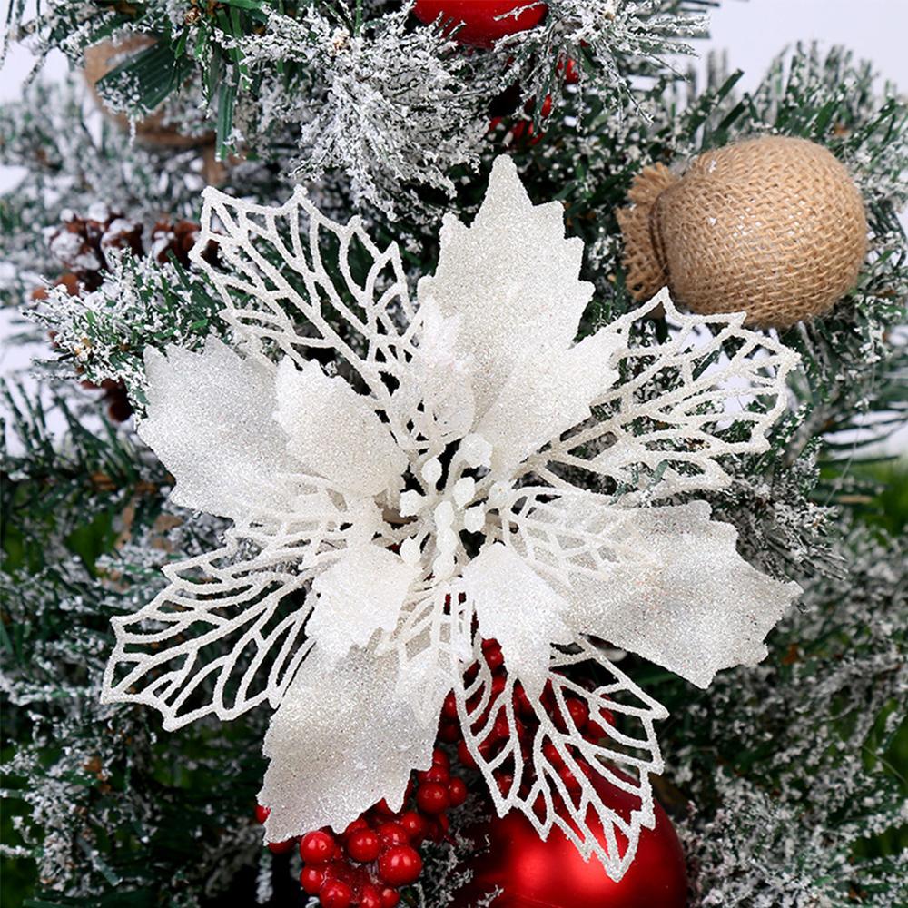 Glitter Artificial Christmas Flowers – Xmas Tree & Home Decorations, Fake Flowers for Holiday & New Year Decor