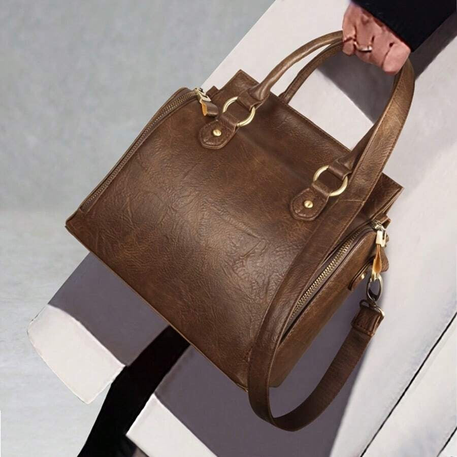 Women’s Vintage Tote Bag, Large Capacity Handbag with Multiple Pockets, Detachable Shoulder Strap and Wristlet, Snap Closure, Glossy Fashion Design