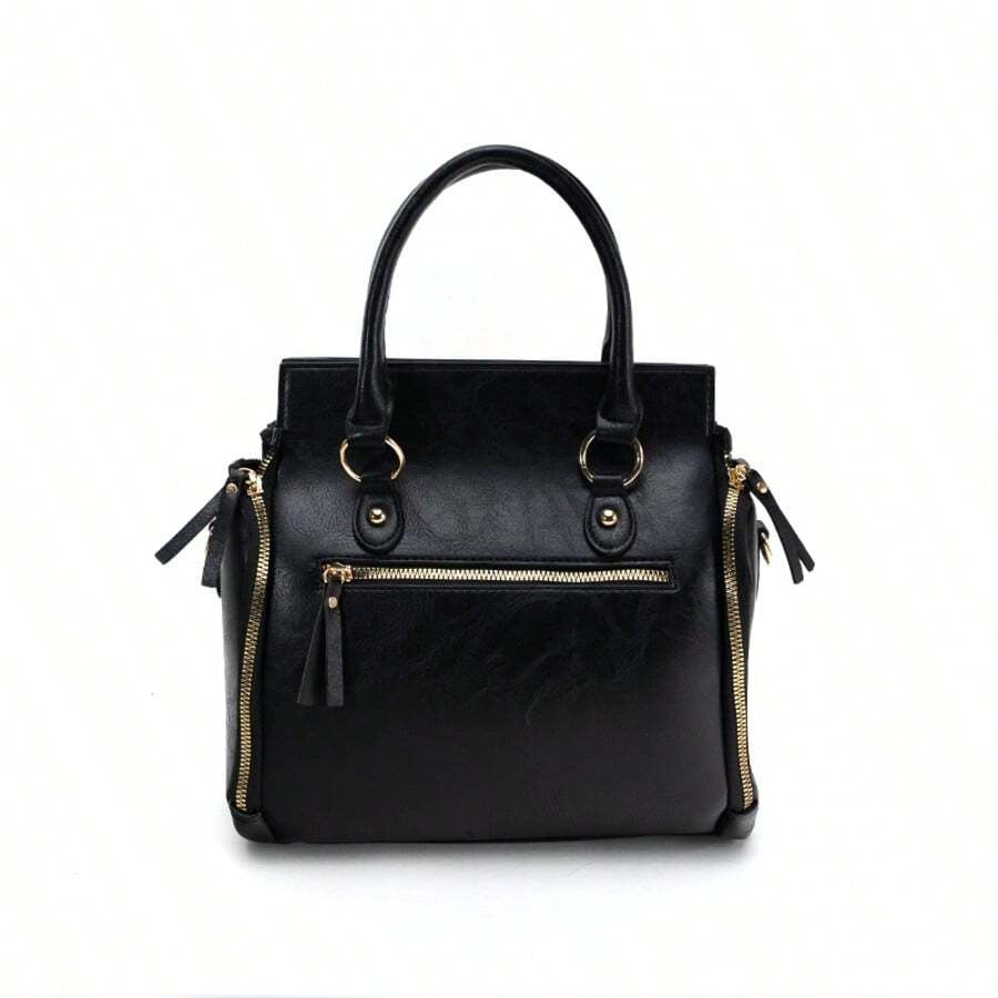Women’s Vintage Tote Bag, Large Capacity Handbag with Multiple Pockets, Detachable Shoulder Strap and Wristlet, Snap Closure, Glossy Fashion Design