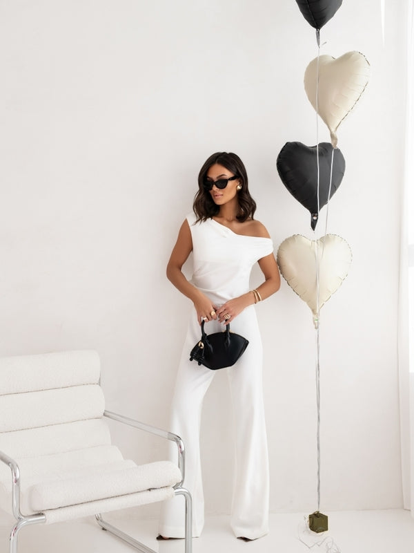 Women’s Elegant Jumpsuit, Off Shoulder Sleeveless Romper, Straight Leg Long Pants, Business Casual Outfit with Side Zipper