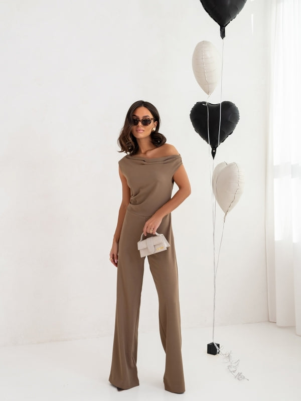 Women’s Elegant Jumpsuit, Off Shoulder Sleeveless Romper, Straight Leg Long Pants, Business Casual Outfit with Side Zipper