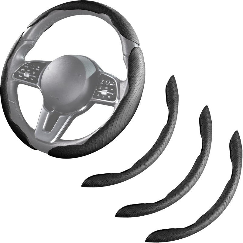 Car Steering Wheel Cover, Leather Snap-On 3-Piece Set, Anti-Slip Grip, Universal Fit, Black and Gray