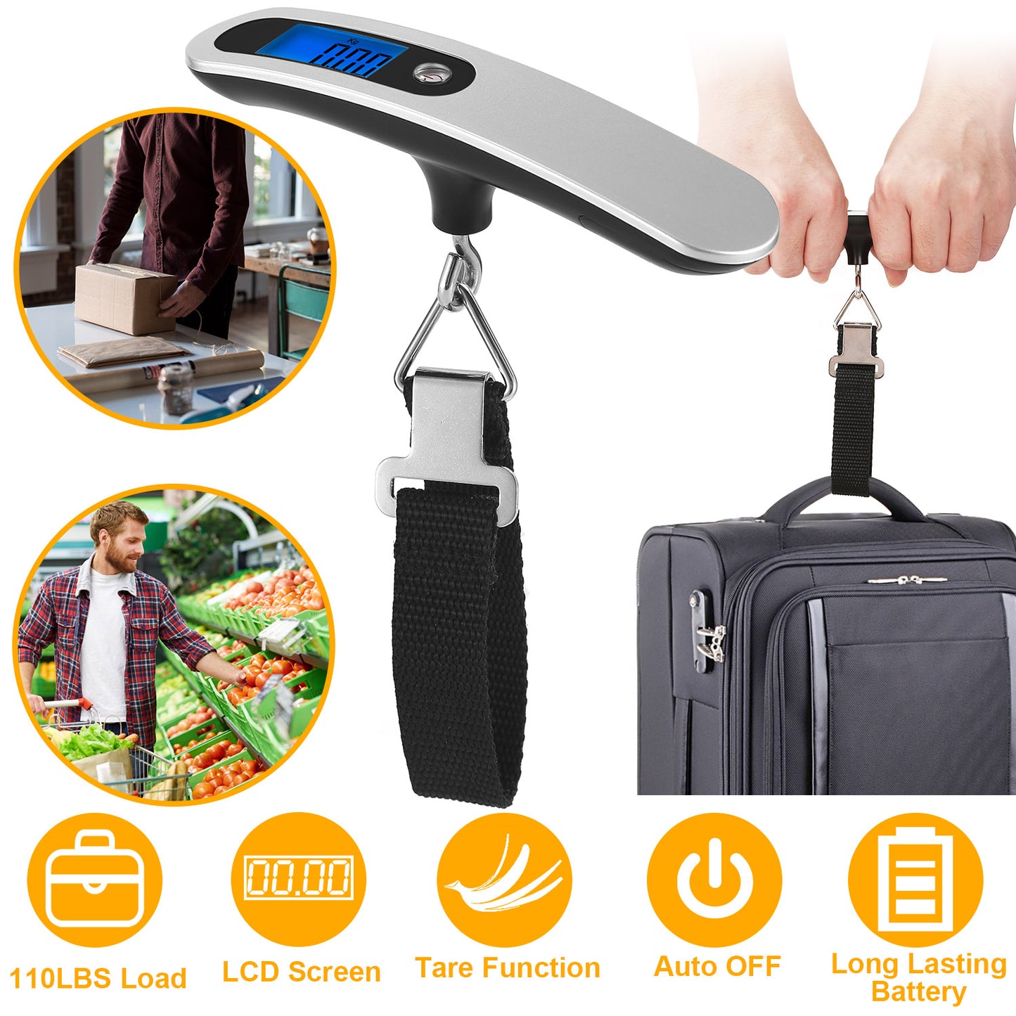 Portable Digital Luggage Scale 50kg/110lb – LCD Hanging Travel Scale with T-Shape Handle, Accurate 10g, Auto-Off, Lightweight Silver