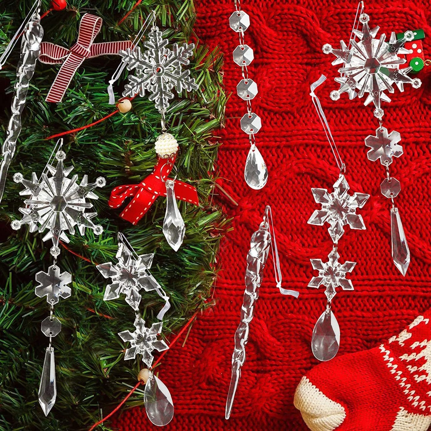 10pcs Christmas Tree Hanging Pendants – Acrylic Ice Strip Snow Ornaments for Ceiling, Xmas & New Year Home Decor