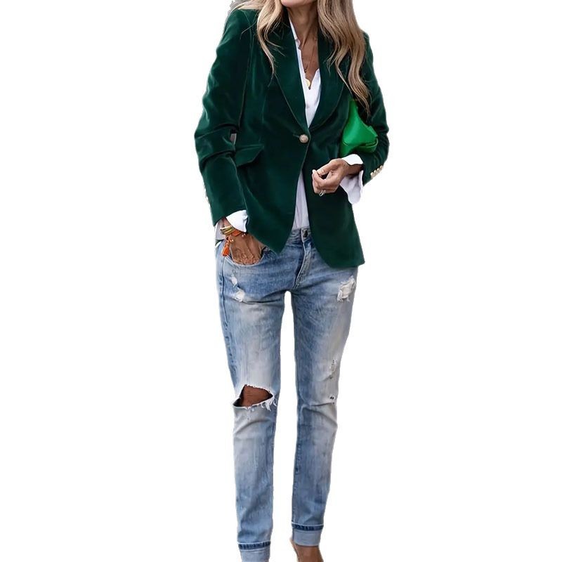 Women’s Velvet Lapel Slim Casual Business Suit Jacket – Single-Breasted Blazer