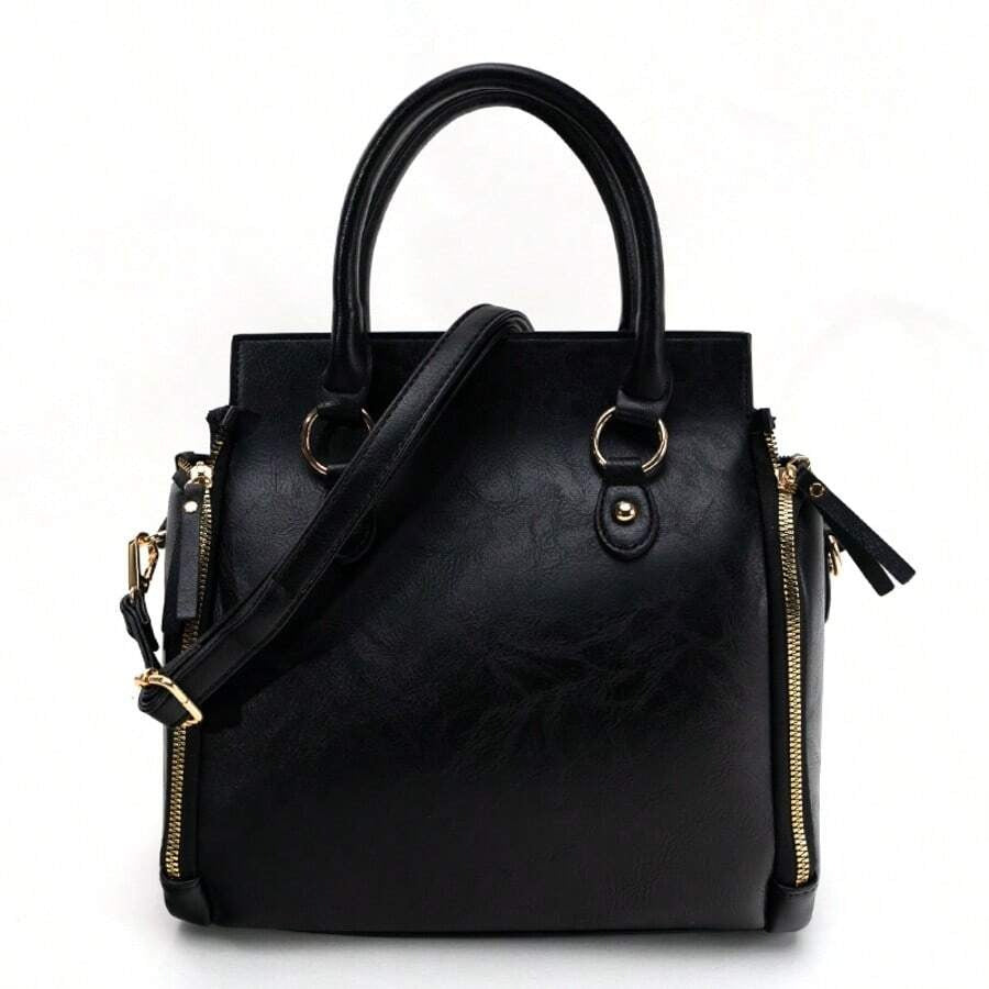 Women’s Vintage Tote Bag, Large Capacity Handbag with Multiple Pockets, Detachable Shoulder Strap and Wristlet, Snap Closure, Glossy Fashion Design