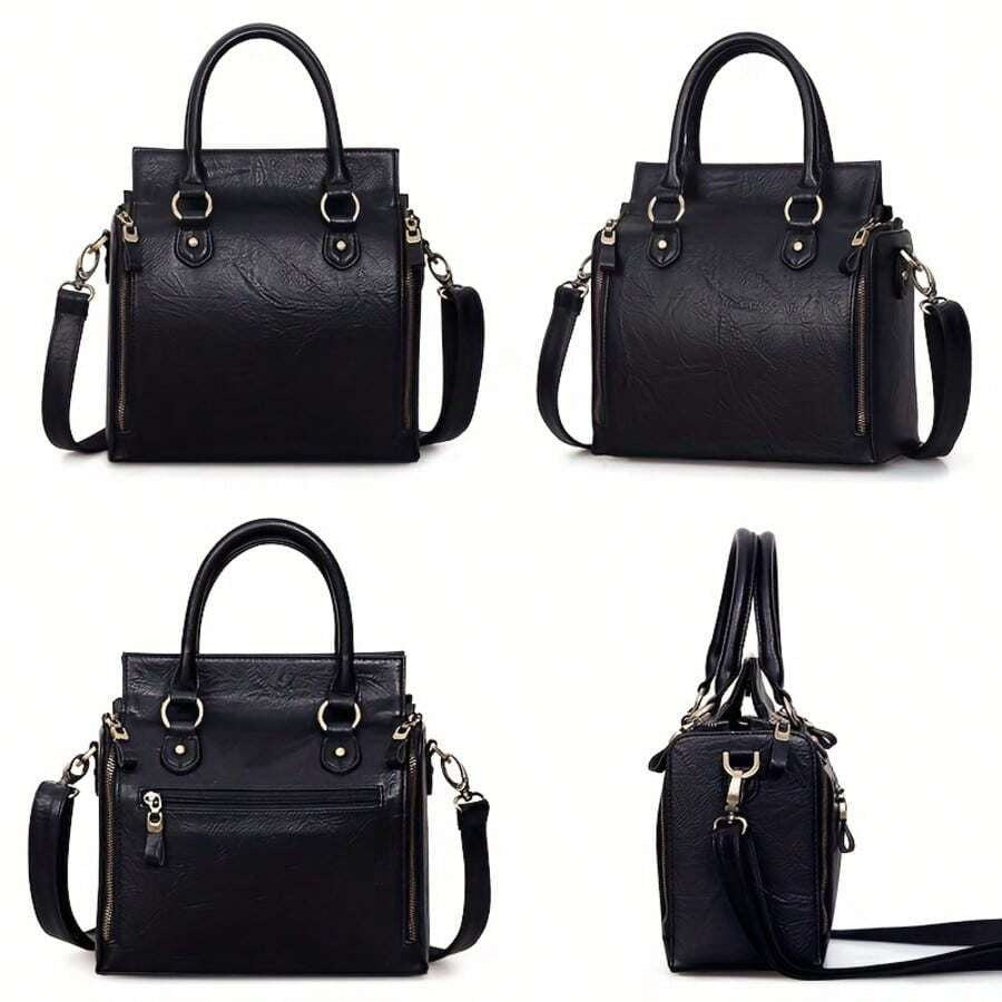 Women’s Vintage Tote Bag, Large Capacity Handbag with Multiple Pockets, Detachable Shoulder Strap and Wristlet, Snap Closure, Glossy Fashion Design