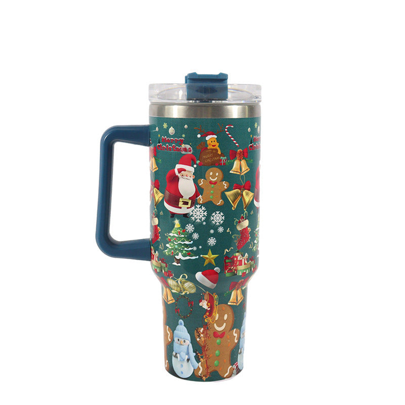 Christmas Pattern Stainless Steel Vacuum Tumbler – Large Capacity Travel Mug with Handle, Lid & Straw for Coffee & Drinks
