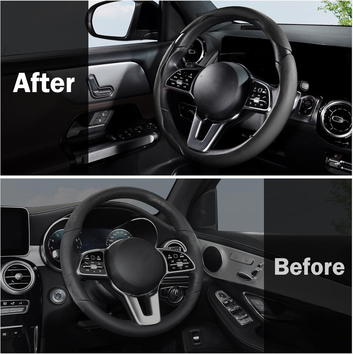 Car Steering Wheel Cover, Leather Snap-On 3-Piece Set, Anti-Slip Grip, Universal Fit, Black and Gray