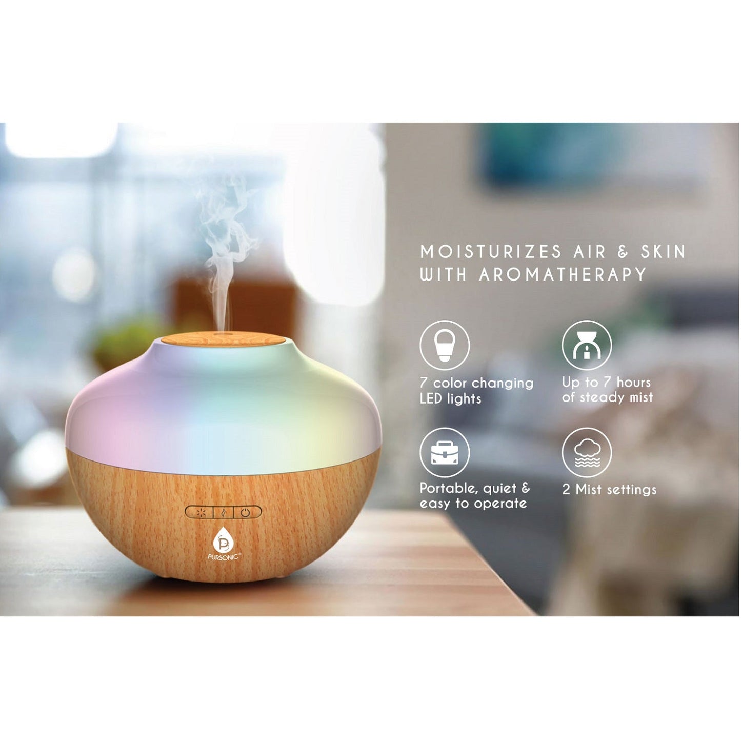 Pursonic Ultrasonic Aromatherapy Diffuser & Essential Oil Set – 300ml, 2 Mist & 7 Light Settings