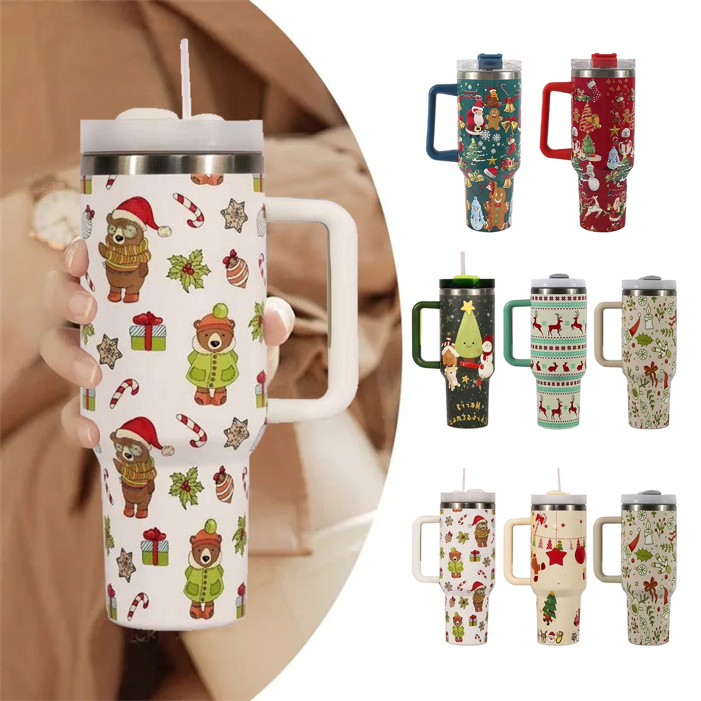 Christmas Pattern Stainless Steel Vacuum Tumbler – Large Capacity Travel Mug with Handle, Lid & Straw for Coffee & Drinks