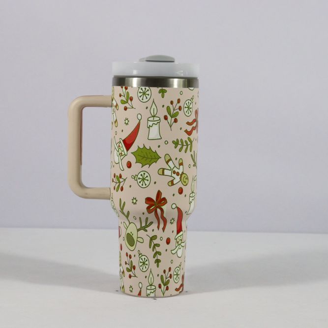 Christmas Pattern Stainless Steel Vacuum Tumbler – Large Capacity Travel Mug with Handle, Lid & Straw for Coffee & Drinks