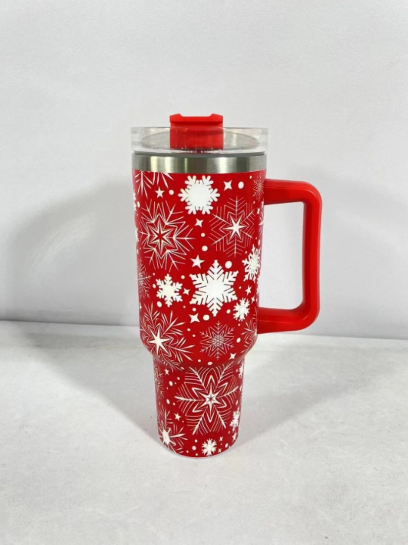 Christmas Pattern Stainless Steel Vacuum Tumbler – Large Capacity Travel Mug with Handle, Lid & Straw for Coffee & Drinks