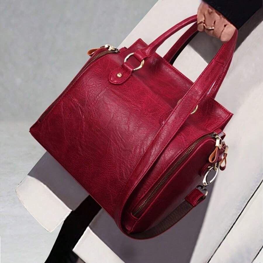 Women’s Vintage Tote Bag, Large Capacity Handbag with Multiple Pockets, Detachable Shoulder Strap and Wristlet, Snap Closure, Glossy Fashion Design
